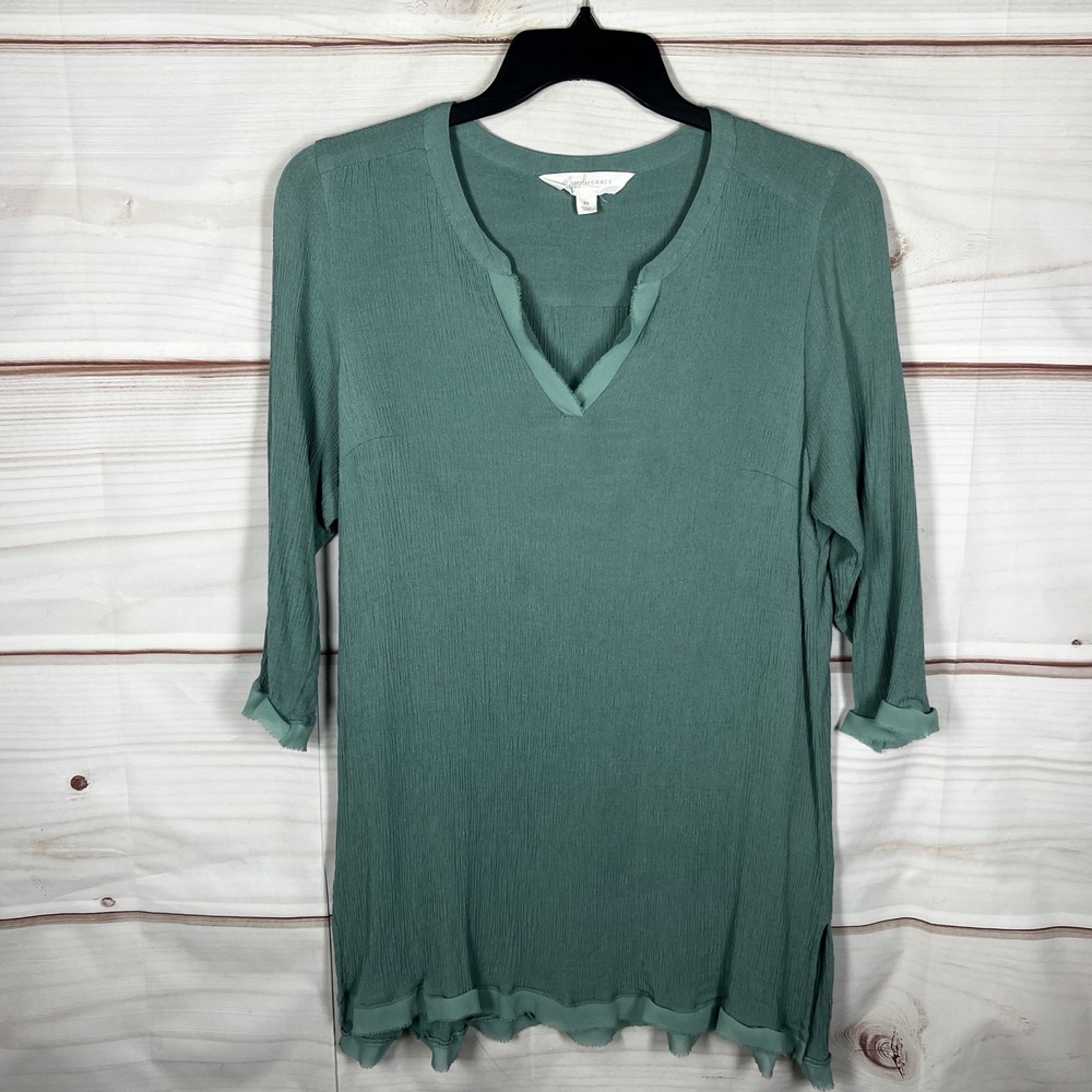Magnolia Grace‎ Blouse Womens 3X Green Solid Crinkle V-Neck Tunic Top Gauze Boho